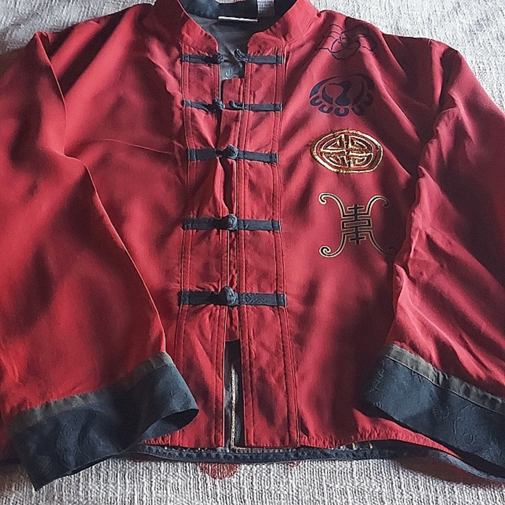 Vintage Chicos 100% Silk Asian Design Embroidered Toggle Button Long Peacock S M